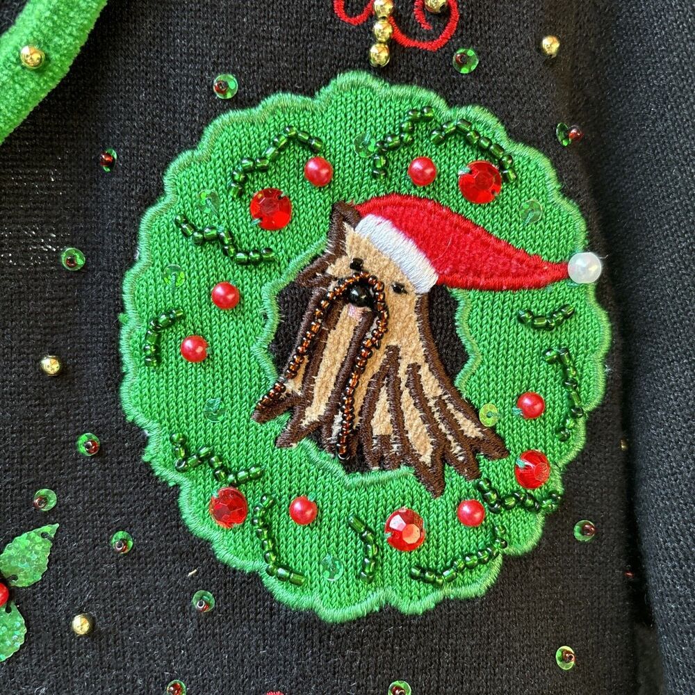 Vintage Jack B Quick Christmas Dog Cardigan Sweater Small Ramie Embroidered Bead - Picture 4 of 8